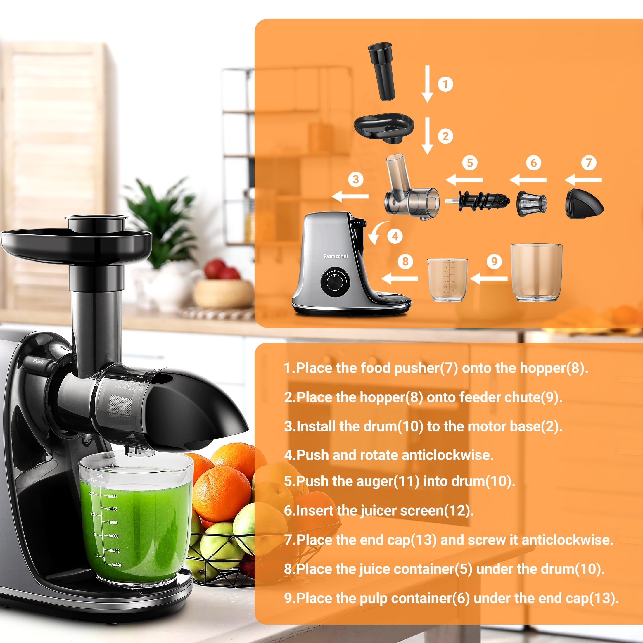 AMZCHEF Slow Cold Press Juicer Machines for Vegetable and Fruit Mastic