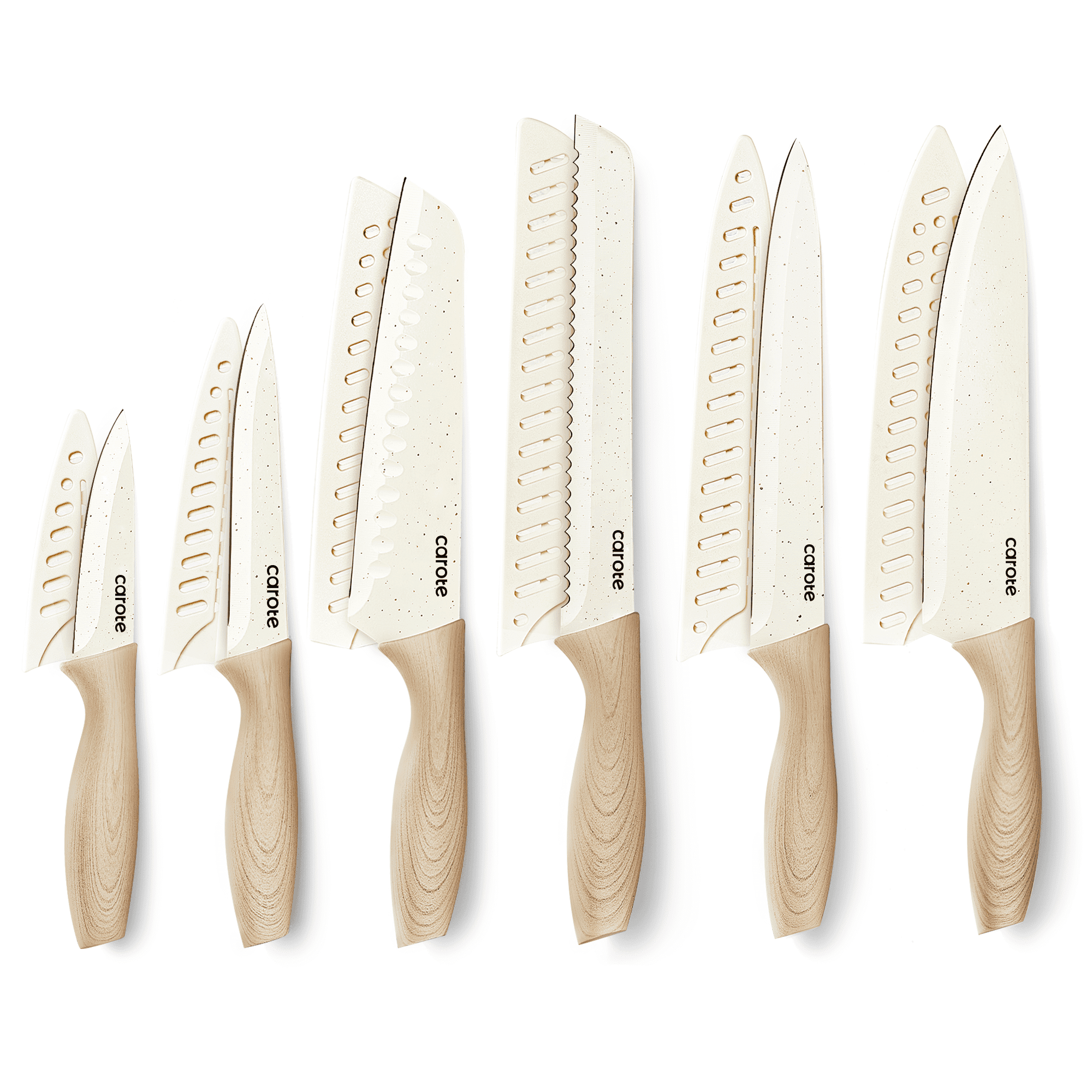 CAROTE 12PCS Knife Set with Blade Guards, White Granite Ceramic Coatin