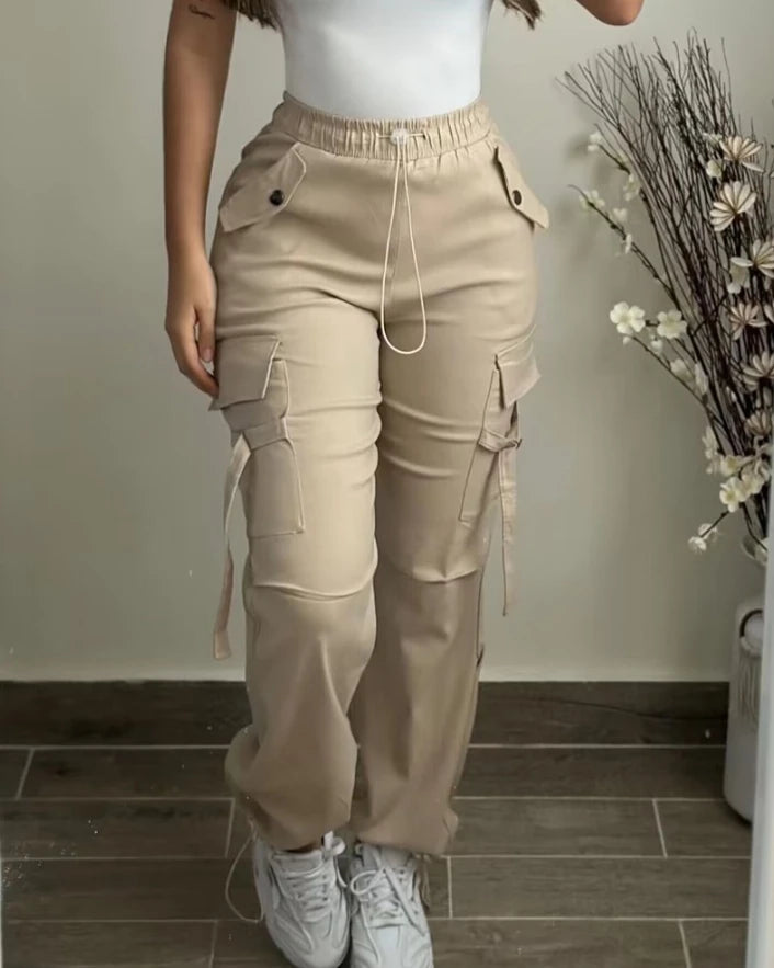 Women's Cargo Pants 2024 Spring Fashion Street Pocket Design Drawstring Cuffed Pants Daily Casual Plain Long Pants Versatile