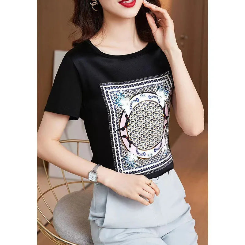 Summer Oversized Women's Clothing Fashion Printing Simplicity Round Neck Short Sleeve Commuter Versatile Temperament T-shirt