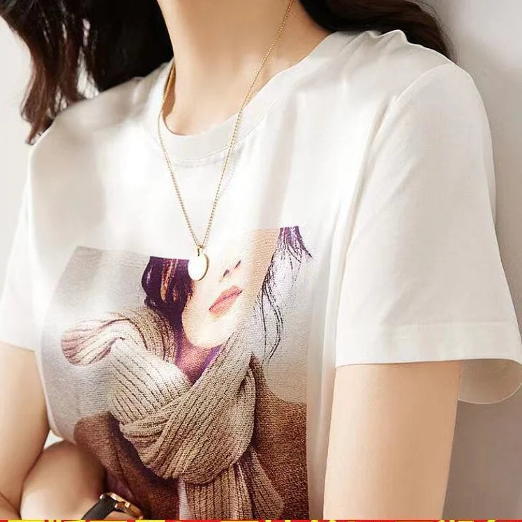 Summer Oversized Women's Clothing Fashion Printing Simplicity Round Neck Short Sleeve Commuter Versatile Temperament T-shirt