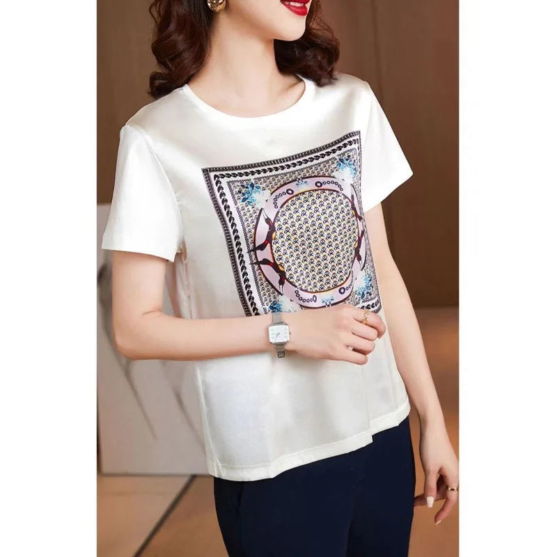 Summer Oversized Women's Clothing Fashion Printing Simplicity Round Neck Short Sleeve Commuter Versatile Temperament T-shirt