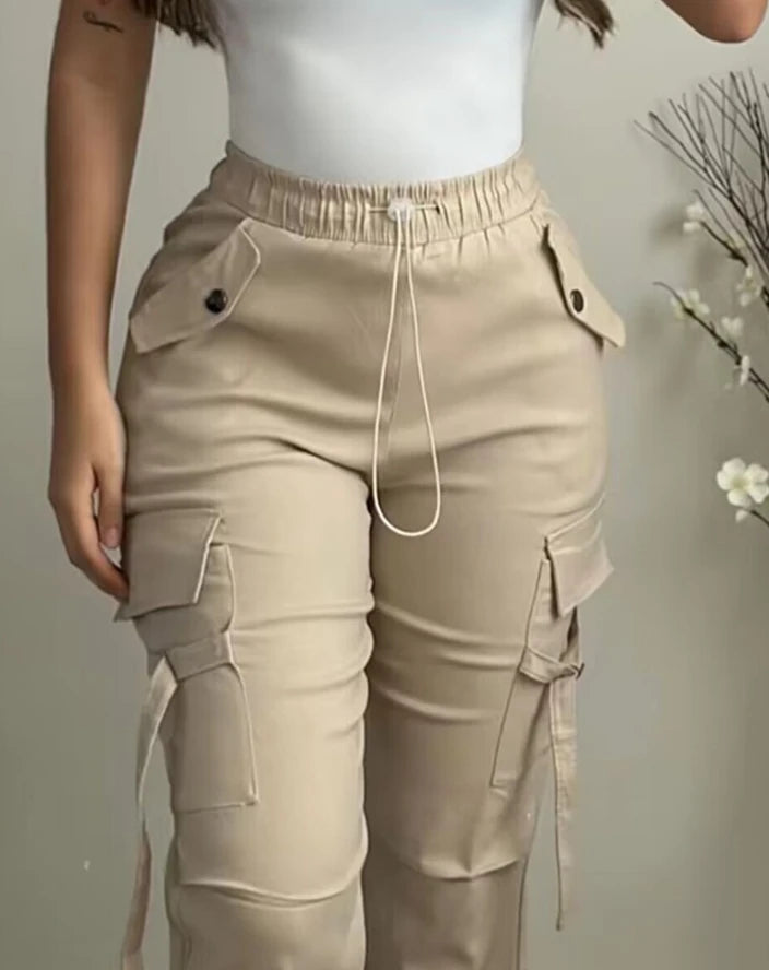 Women's Cargo Pants 2024 Spring Fashion Street Pocket Design Drawstring Cuffed Pants Daily Casual Plain Long Pants Versatile