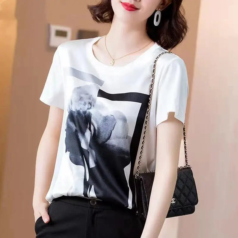 Summer Oversized Women's Clothing Fashion Printing Simplicity Round Neck Short Sleeve Commuter Versatile Temperament T-shirt