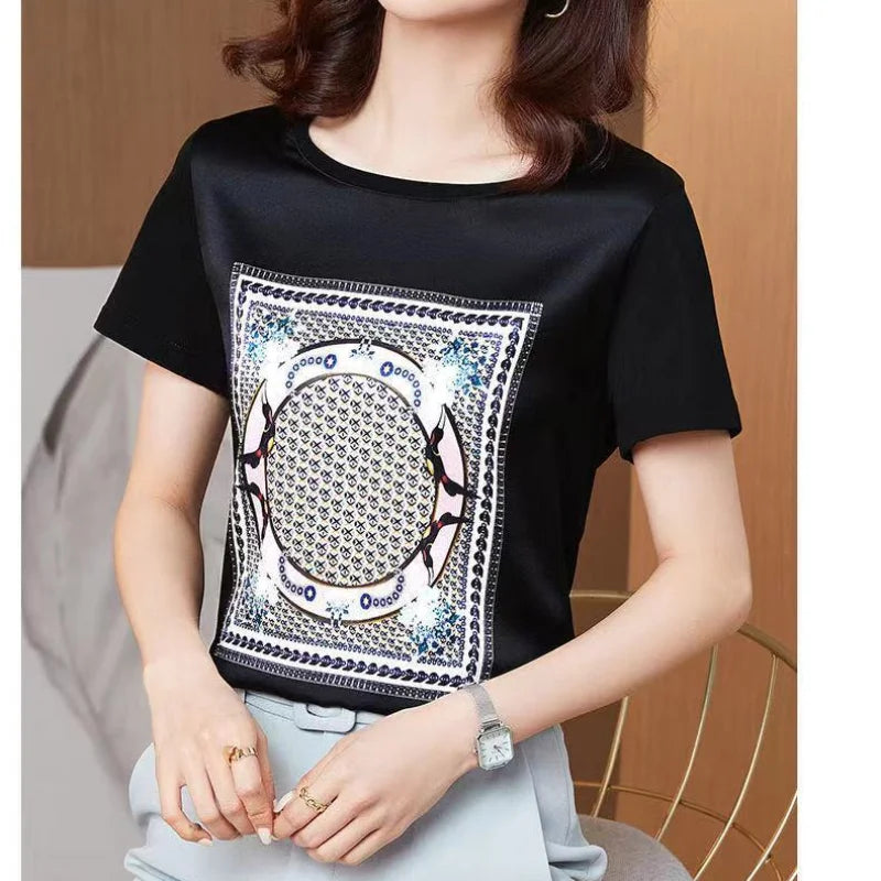 Summer Oversized Women's Clothing Fashion Printing Simplicity Round Neck Short Sleeve Commuter Versatile Temperament T-shirt