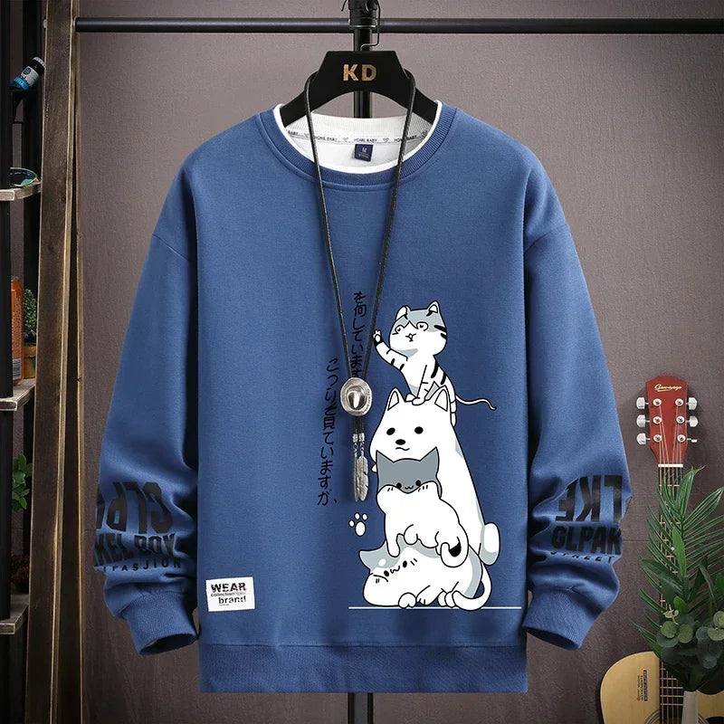 Autumn Men's Sweatshirt Japan Cartoon Cat Printed Top Harajuku High Street Long Sleeve T-shirt Casual Fashionable Men's Clothing