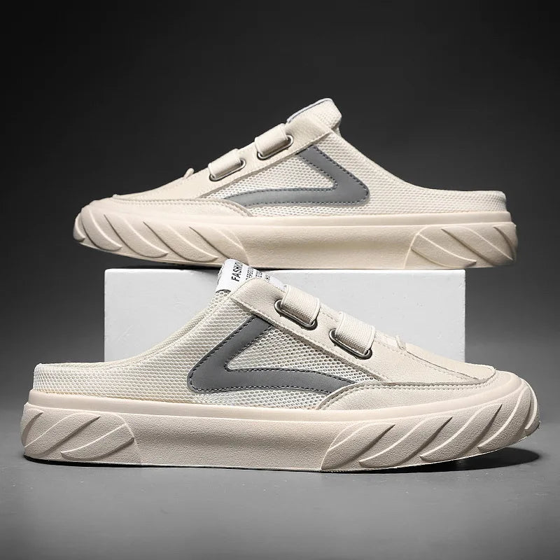 2023 summer New Mesh Half Slippers Men's Trend Cool  Baotou Hollow Breathable Light Casual White Shoes Men  Tenis