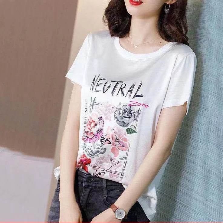 Summer Oversized Women's Clothing Fashion Printing Simplicity Round Neck Short Sleeve Commuter Versatile Temperament T-shirt