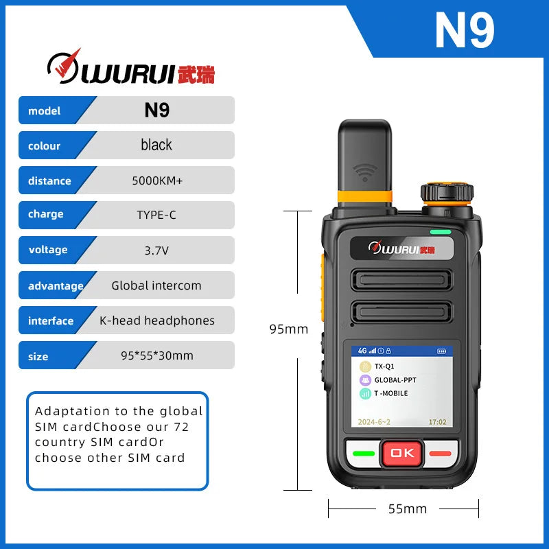 Wurui N9 global-ptt POC walkie talkie internet 4G Two-way radio commutator long range GSM phones telecommunications 1000km reach