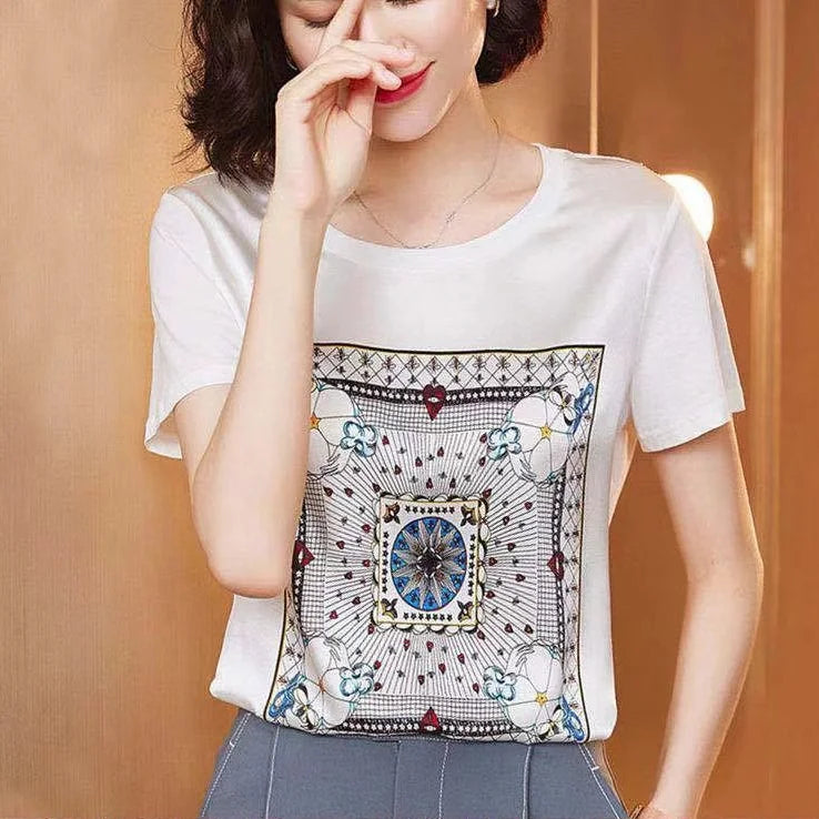 Summer Oversized Women's Clothing Fashion Printing Simplicity Round Neck Short Sleeve Commuter Versatile Temperament T-shirt