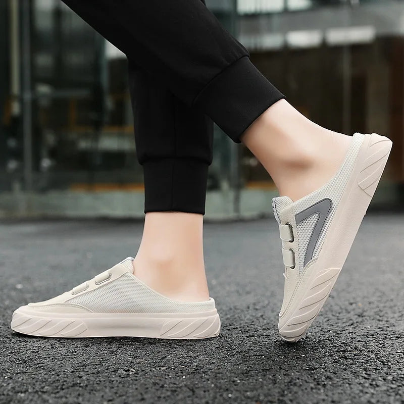 2023 summer New Mesh Half Slippers Men's Trend Cool  Baotou Hollow Breathable Light Casual White Shoes Men  Tenis