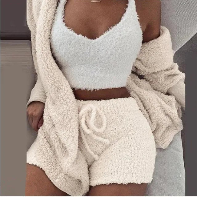 Fluffy Pajamas Set for Women Casual Sleepwear